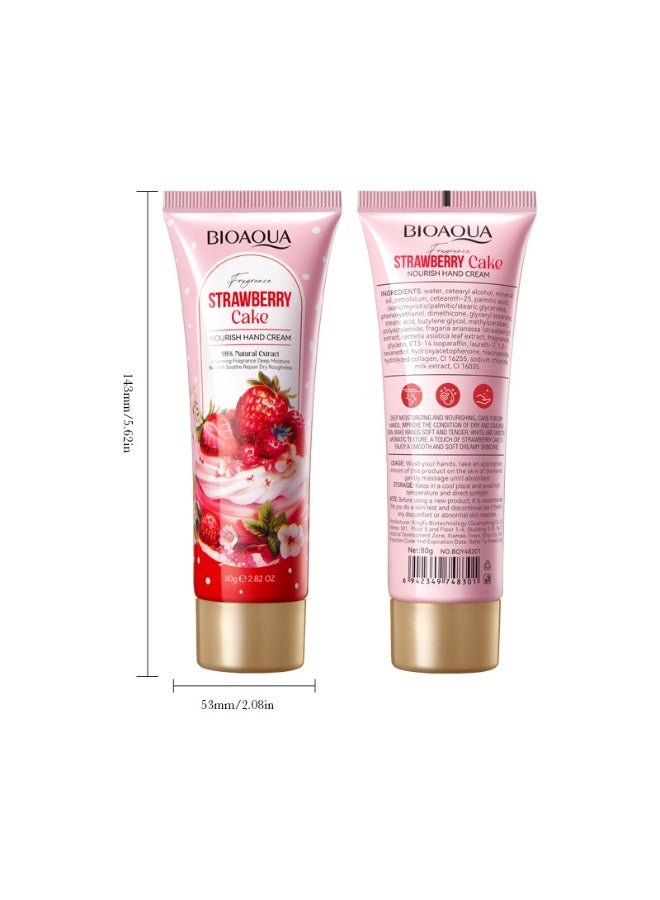 BIOAOUA Strawberry Cake Hand Cream - 98% Natural Extract, Hydrating & Nourishing for Dry Cracked Hands, Long-Lasting Fragrance, 80g (2.82 OZ) - Image 5