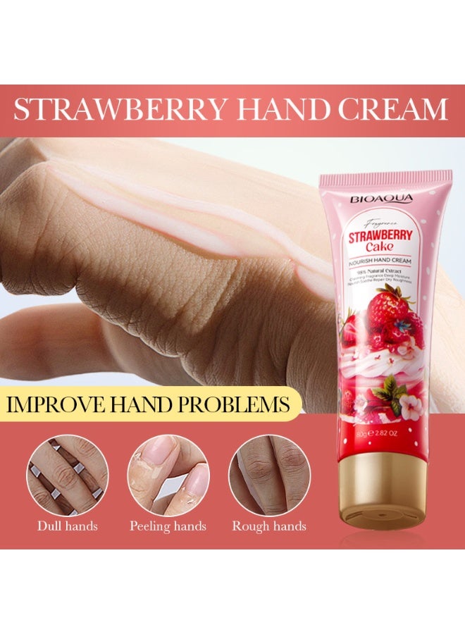 BIOAOUA Strawberry Cake Hand Cream - 98% Natural Extract, Hydrating & Nourishing for Dry Cracked Hands, Long-Lasting Fragrance, 80g (2.82 OZ) - Image 3