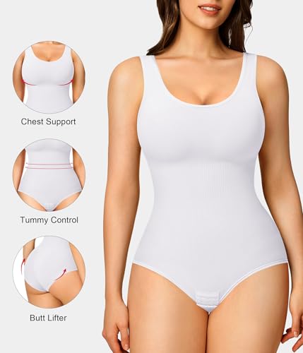 Nebility 2 Piece Shapewear Bodysuit for Women Tummy Control Slim Fit Sleeveless Round Neck Body Suit(Black/White 2pk,Medium-Large) - Image 3