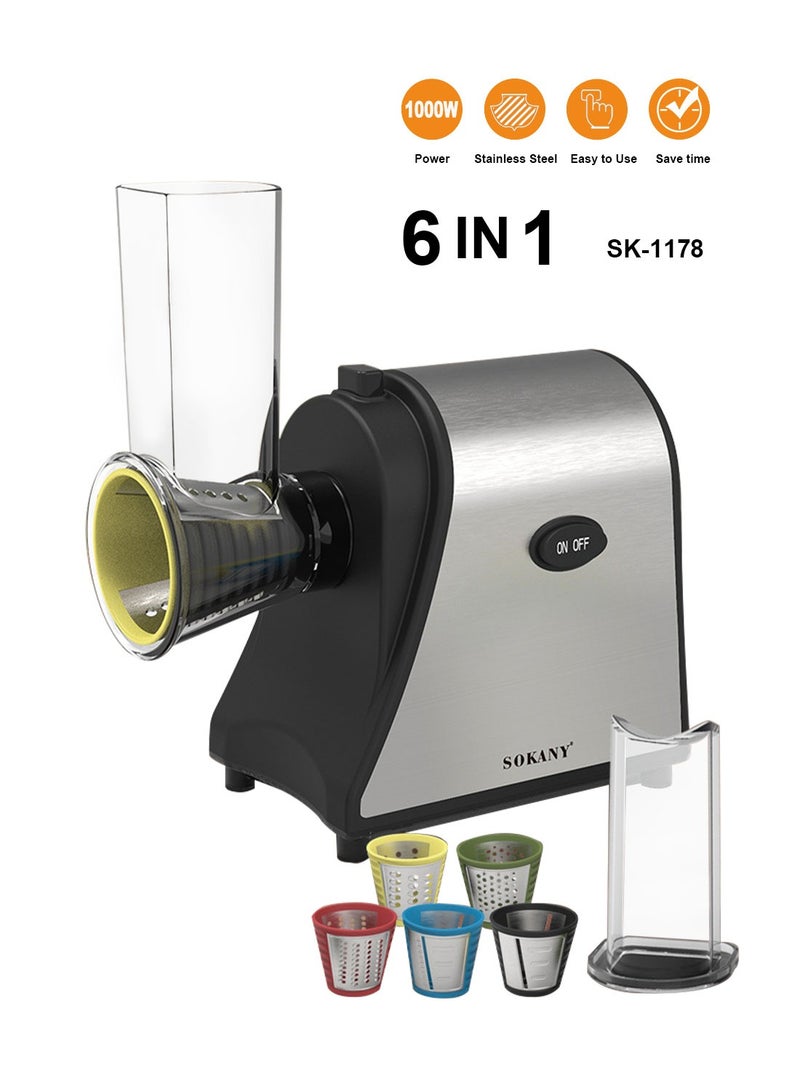 sokany Electric Cheese Grater, 1000W Electric Slicer Chopper, Multi Grater, Fruit Cutter, Vegetable Slicer, Shredder, Food Processor with 5 Blades Set SK-1178 Black - Image 1