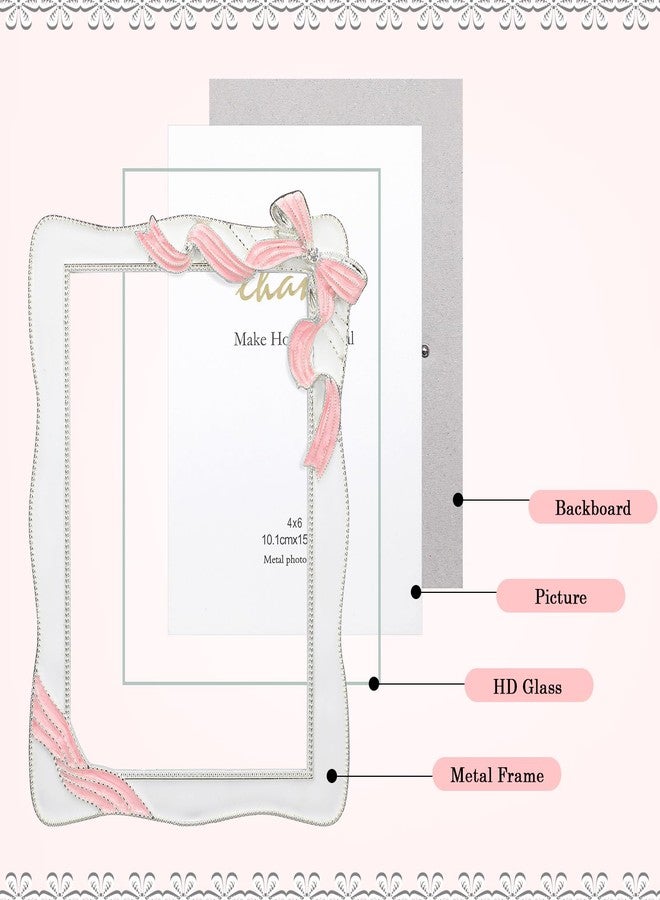 Qunclay Bow Picture Frames 4 x 6 Inch Coquette Bow Photo Frame Metal Ribbon Pink Design Cute Metal Display Pictures for Home Wedding Tabletop and Wall Hanging Decor Holiday Gift - Image 4