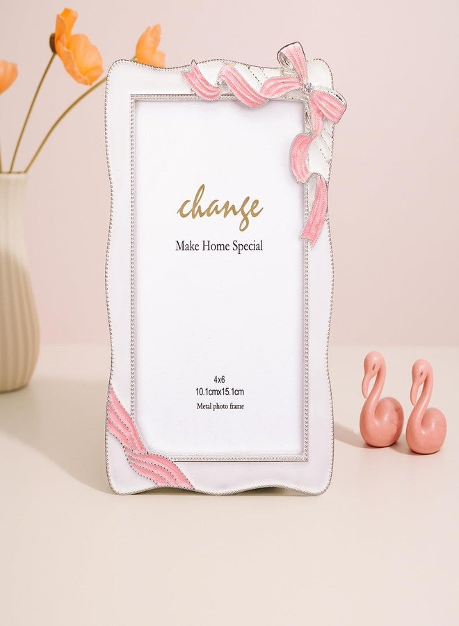 Qunclay Bow Picture Frames 4 x 6 Inch Coquette Bow Photo Frame Metal Ribbon Pink Design Cute Metal Display Pictures for Home Wedding Tabletop and Wall Hanging Decor Holiday Gift - Image 1