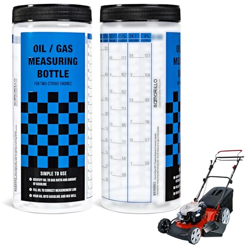 Samorillo [2-Pack] Wide Mouth Oil / Gas Measuring Bottle - Reusable Mixing Bottle For Two Stroke Engines - Six Different Ratios & Smudge-Proof Measurements in Gallons & Liters - Mix Oil / Fuel Hundreds of Times - Image 1