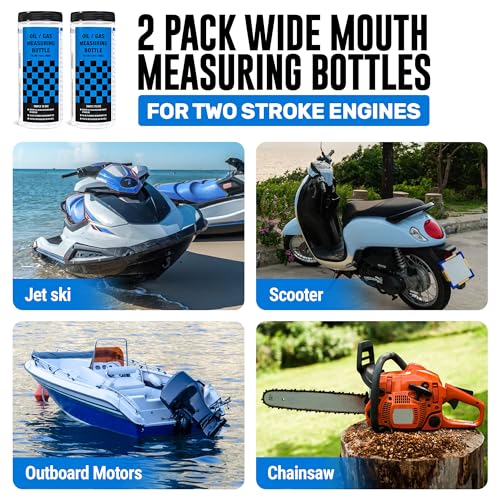 Samorillo [2-Pack] Wide Mouth Oil / Gas Measuring Bottle - Reusable Mixing Bottle For Two Stroke Engines - Six Different Ratios & Smudge-Proof Measurements in Gallons & Liters - Mix Oil / Fuel Hundreds of Times - Image 3