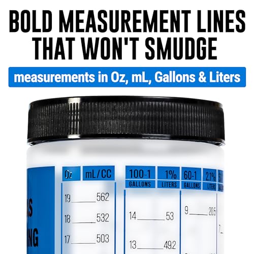 Samorillo [2-Pack] Wide Mouth Oil / Gas Measuring Bottle - Reusable Mixing Bottle For Two Stroke Engines - Six Different Ratios & Smudge-Proof Measurements in Gallons & Liters - Mix Oil / Fuel Hundreds of Times - Image 4