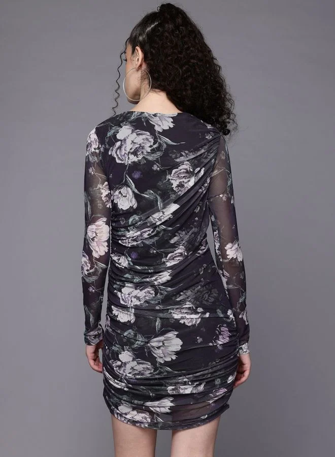 Freehand  Women Regular Fit Floral Printed Round Neck Long Sleeve Gathered Dress for Women | Best Price UAE