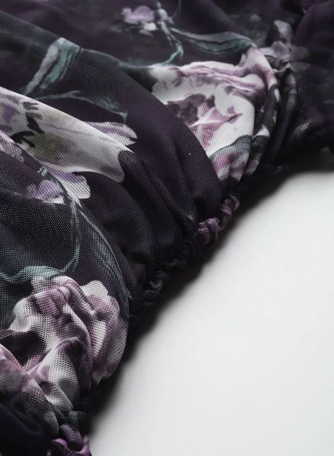 Freehand  Women Regular Fit Floral Printed Round Neck Long Sleeve Gathered Dress for Women | Best Price UAE