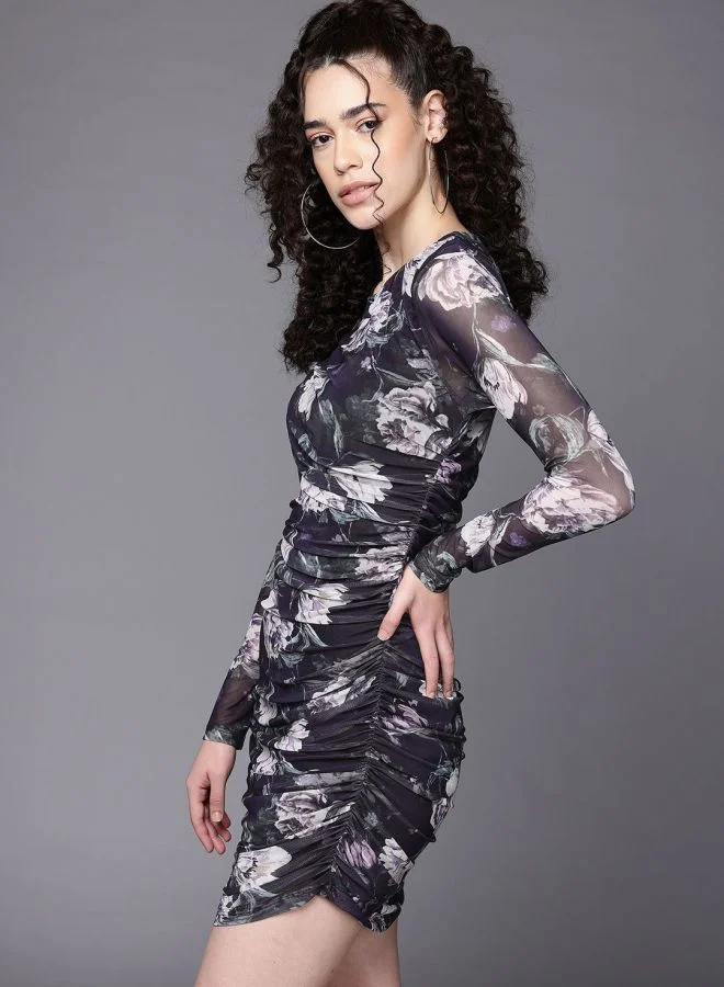 Women Regular Fit Floral Printed Round Neck Long Sleeve Gathered Dress