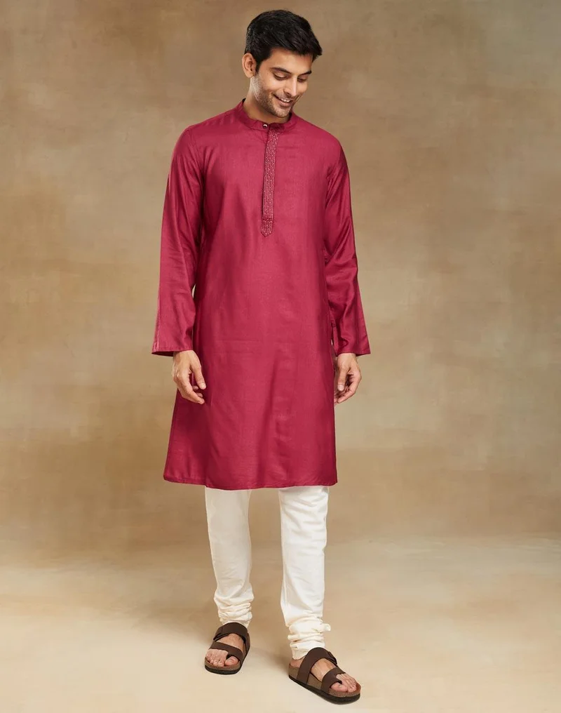 فاب انديا Wine Viscose Silk Slim Fit Long Kurta