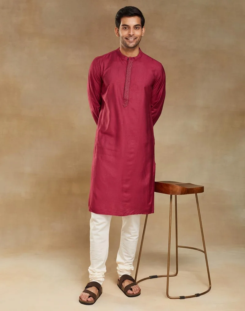فاب انديا Wine Viscose Silk Slim Fit Long Kurta