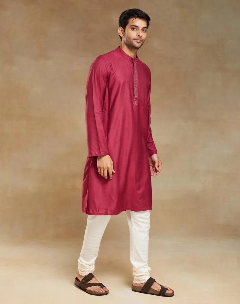 Fabindia  Wine Viscose Silk Slim Fit Long Kurta for Men | Best Price UAE