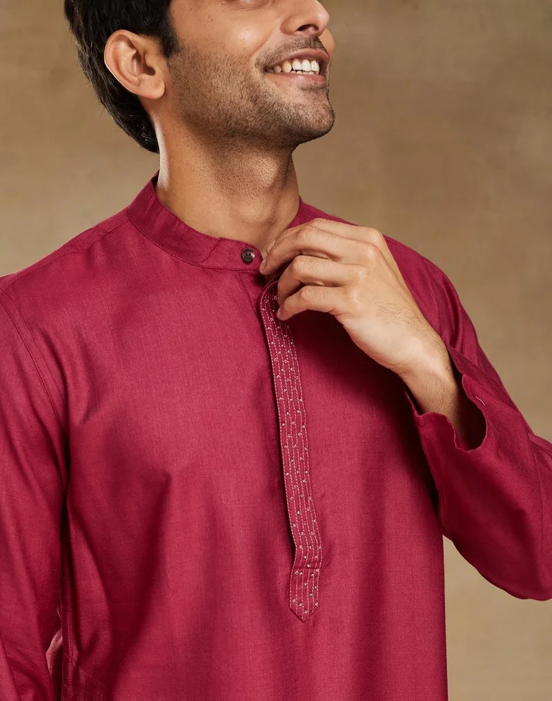 Fabindia  Wine Viscose Silk Slim Fit Long Kurta for Men | Best Price UAE