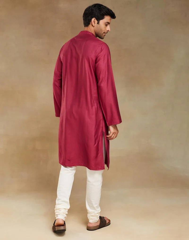Fabindia  Wine Viscose Silk Slim Fit Long Kurta for Men | Best Price UAE