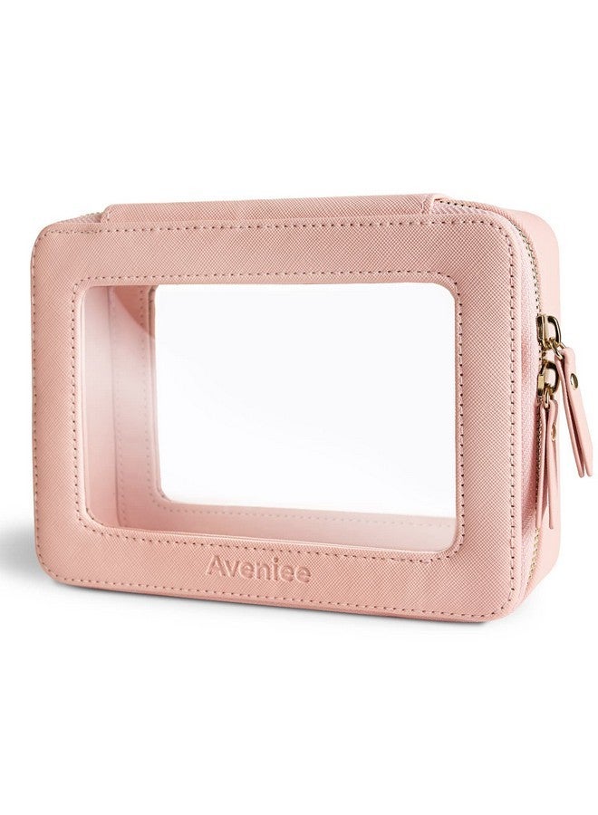 Aveniee Clear Makeup Bag Organizer, Portable Travel Toiletry Cosmetic Bag Case For Women, Heavy Duty Make Up Pouch With Transparent Vinyl Windows & Gold Zippers(Pink) - Image 1