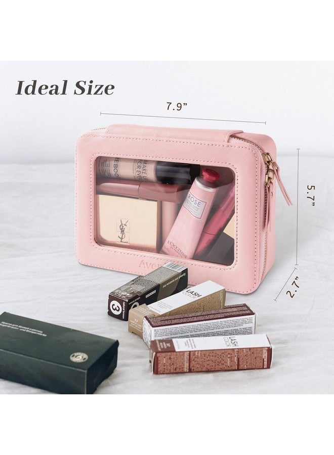 Aveniee Clear Makeup Bag Organizer, Portable Travel Toiletry Cosmetic Bag Case For Women, Heavy Duty Make Up Pouch With Transparent Vinyl Windows & Gold Zippers(Pink) - Image 2