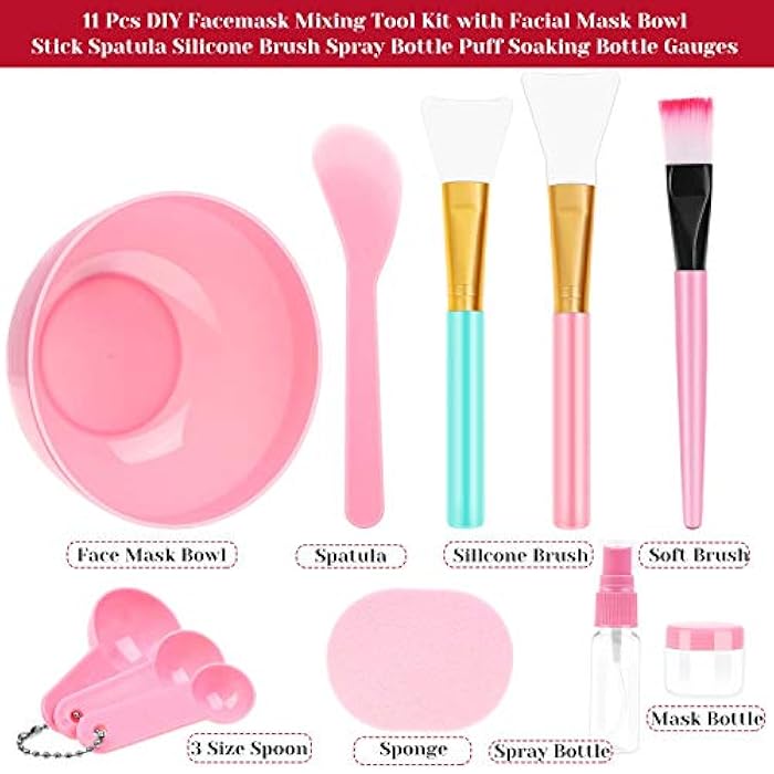 anezus 11 Pcs DIY Facial mask Mixing Tool Kit with Bowl Stick Spatula Silicone Brush Spray Bottle Puff Soaking Bottle Gauges (Pink) - Image 2