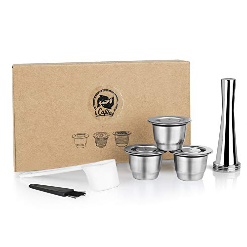 i cafilas Stainless Steel Refillable Coffee Espr*sso Capsules, Reusable Coffee Pods Compatible with Nespr*sso Original Line Brewers 4Y Crema New Generation (3 Capsules + 1 Tamper) - Image 1