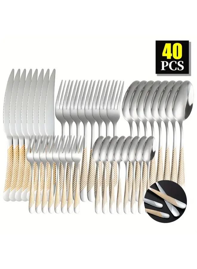 40 Piece Water Gold Plated Silverware Set Star Diamond Handle Stainless Steel Cutlery Dishwasher Safe - Image 1