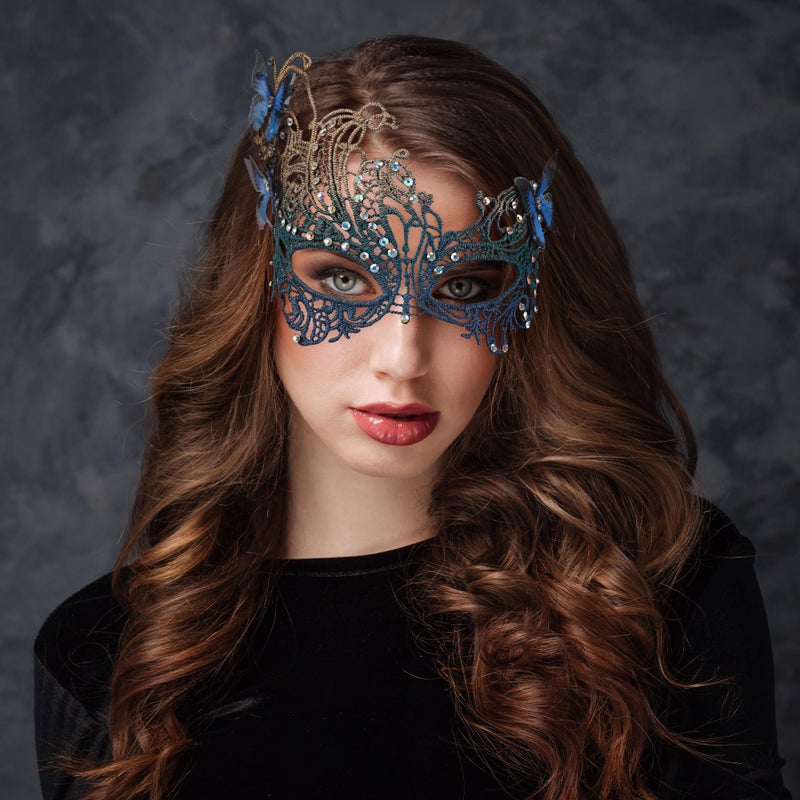 Zinniday Blue Lace Masquerade Mask - Multicolored Rhinestone Handmade Butterfly 1920s Vintage Mask for Men Women Couples Carnival Costumes Dress Party Wedding Supplies - Image 3