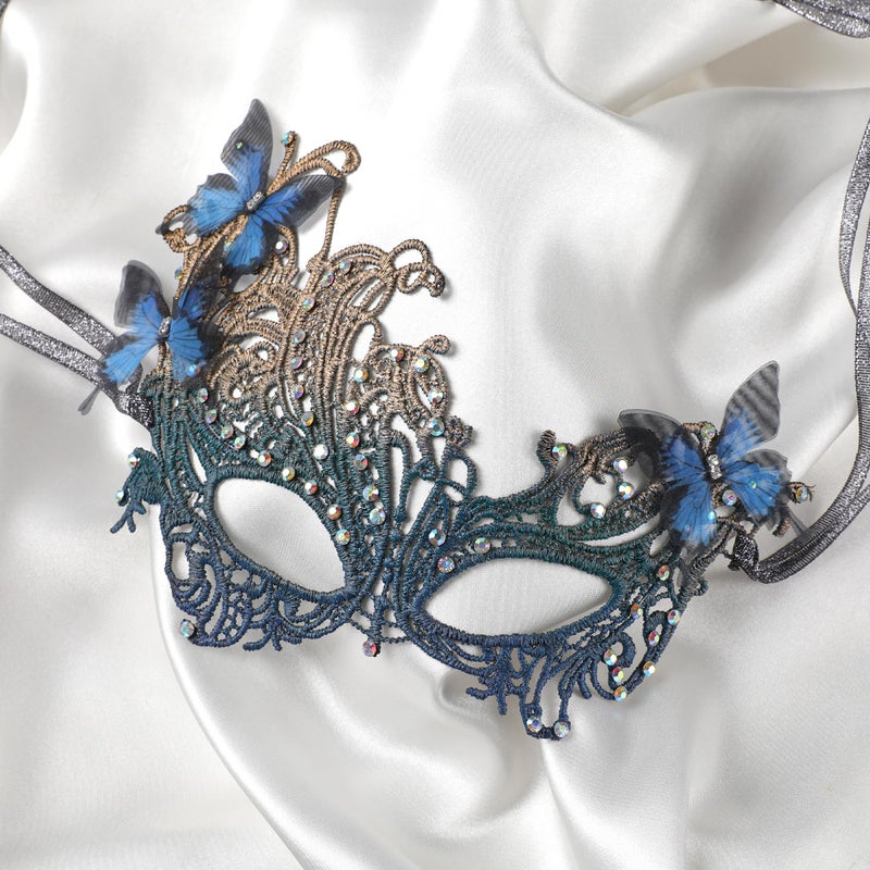 Zinniday Blue Lace Masquerade Mask - Multicolored Rhinestone Handmade Butterfly 1920s Vintage Mask for Men Women Couples Carnival Costumes Dress Party Wedding Supplies - Image 4
