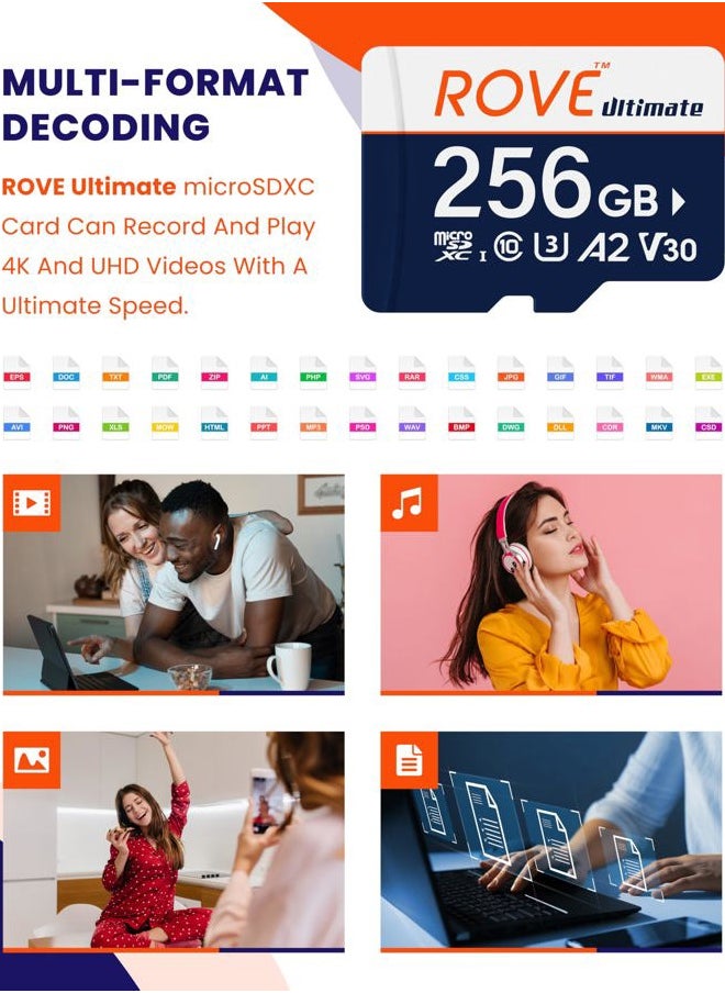 Ultimate Micro SD Card microSDXC 256GB Memory Card with USB 3.2 Type C Card Reader 170MB/s C10, U3, V30, 4K, A2 for Dash Cam, Android Smart Phones, Tablets, Games