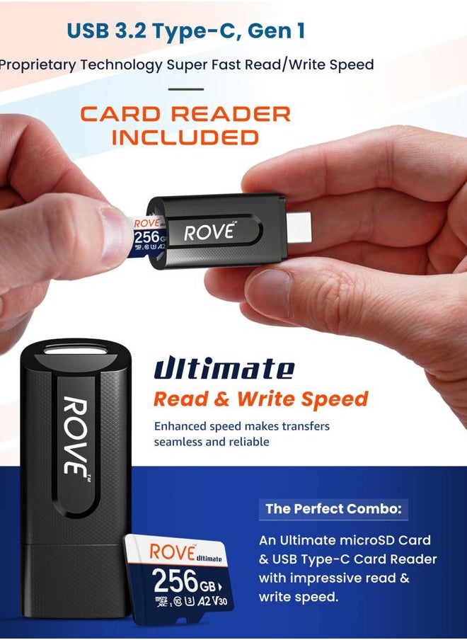 Ultimate Micro SD Card microSDXC 256GB Memory Card with USB 3.2 Type C Card Reader 170MB/s C10, U3, V30, 4K, A2 for Dash Cam, Android Smart Phones, Tablets, Games