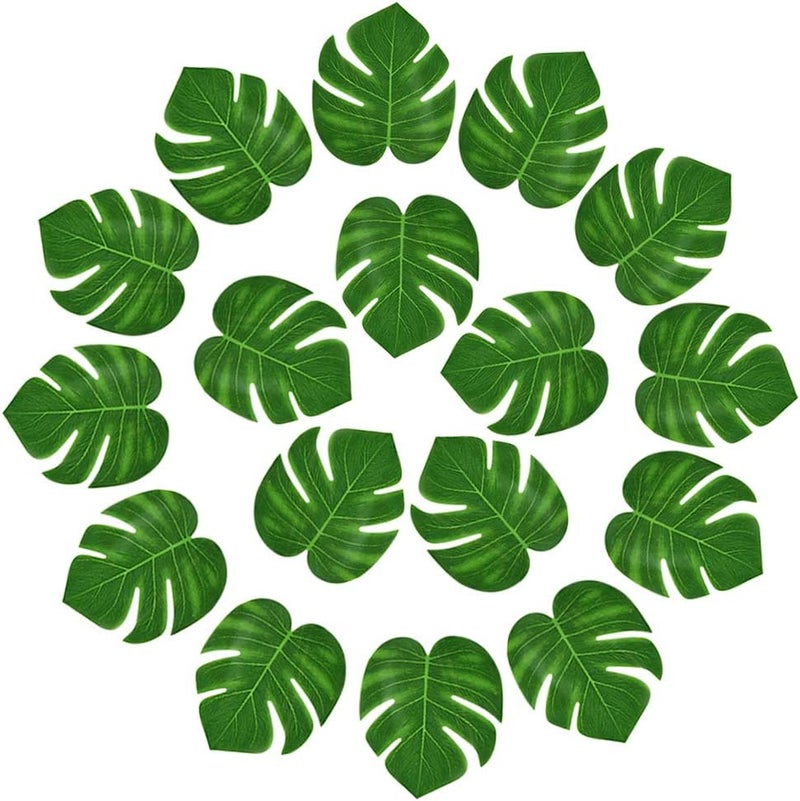 KUUQA 24 Pcs Artificial Tropical Leaves Hawaiian Luau Party Decor Medium Simulation Tropical Monstera Plant Leaves for Safari Jungle Beach Theme Birthday Party Decorations Supplies - Image 1