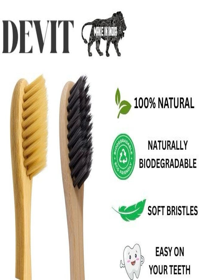 DEVIT™ Bamboo Toothbrush (Pack of 10) with Activated Charcoal - Soft Bristles, Neem Oil Treatment for Antifungal Protection | BPA-Free, Biodegradable, Compostable Handle | Eco-Friendly, Sustainable Oral Care | (5 black + 5 beige) - Image 2