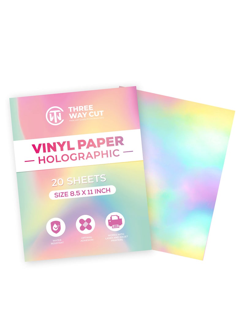 THREE WAY CUT Holographic Vinyl Sticker Paper 20 Sheets 8.5 x 11" Waterproof Printable Paper for Inkjet & Laser Printer, Dries Quickly, Self Adhesive, Cut with Silhouette Rainbow Sticker Printing  - Image 1