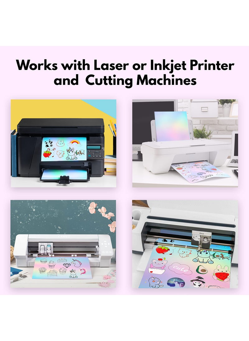THREE WAY CUT Holographic Vinyl Sticker Paper 20 Sheets 8.5 x 11" Waterproof Printable Paper for Inkjet & Laser Printer, Dries Quickly, Self Adhesive, Cut with Silhouette Rainbow Sticker Printing  - Image 2
