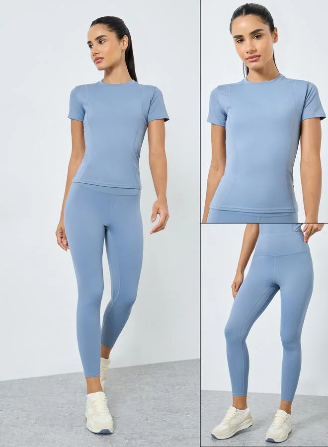 Styli Active Stitch Detail Short Sleeves Top and Leggings Set