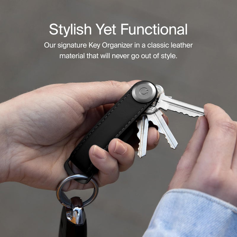 Orbitkey Orbitkey Leather Key Organizer | Durable, Stainless Steel Locking Mechanism, Slim & Quiet Profile | Holds up to 7 Keys, Black with Black Stitching  - Image 4