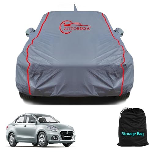 AUTOBIRSA Waterproof Car Body Cover Compatible with Maruti Dzire 2018-24 with Mirror and Antenna Pocket, Triple Stitched (Heat Resistant US Grey with Red Piping) - Image 1