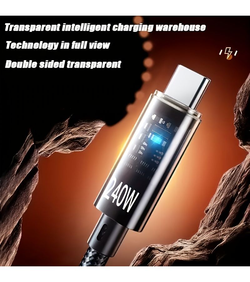 كابل بيانات سريع الشحن 240 واط 6 أمبير من USB C إلى Type C مضفر مع شاشة عرض بطارية LED في الوقت الفعلي لأجهزة آيفون وسامسونج وشاومي ون بلس وأوبو وهواوي بطول 200 سم - Image 4