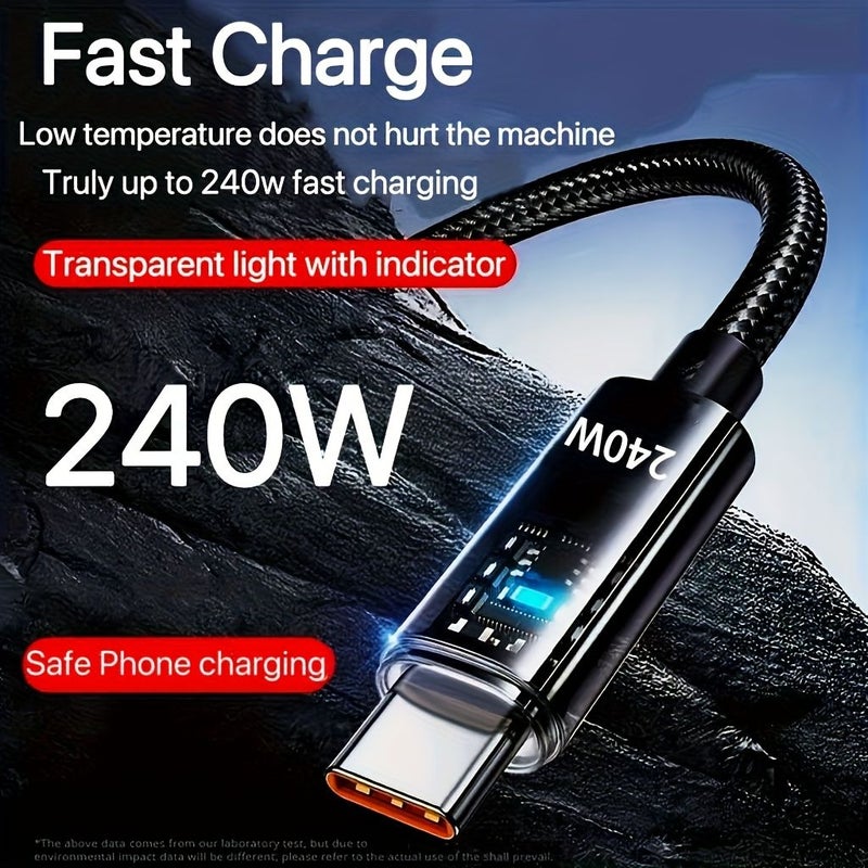 كابل بيانات سريع الشحن 240 واط 6 أمبير من USB C إلى Type C مضفر مع شاشة عرض بطارية LED في الوقت الفعلي لأجهزة آيفون وسامسونج وشاومي ون بلس وأوبو وهواوي بطول 200 سم - Image 1
