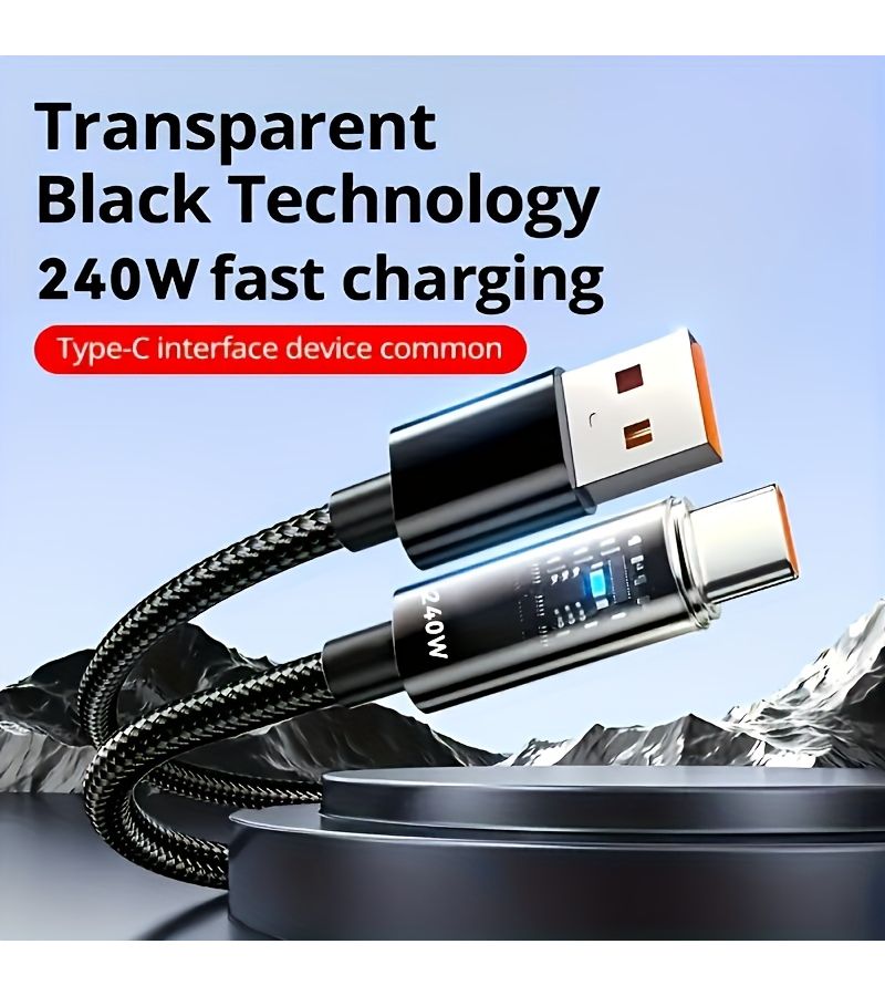كابل بيانات سريع الشحن 240 واط 6 أمبير من USB C إلى Type C مضفر مع شاشة عرض بطارية LED في الوقت الفعلي لأجهزة آيفون وسامسونج وشاومي ون بلس وأوبو وهواوي بطول 200 سم - Image 2