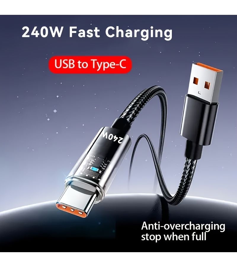 كابل بيانات سريع الشحن 240 واط 6 أمبير من USB C إلى Type C مضفر مع شاشة عرض بطارية LED في الوقت الفعلي لأجهزة آيفون وسامسونج وشاومي ون بلس وأوبو وهواوي بطول 200 سم - Image 3