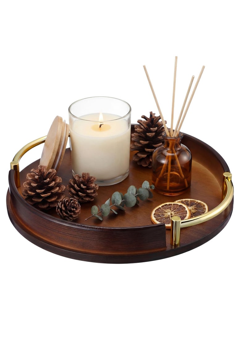 uoobox Bamboo Wood Round Brown Serving Tray with Handles, Stackable Circle Trays for Eating, Entertaining, Decorating, And Organizing - Image 1