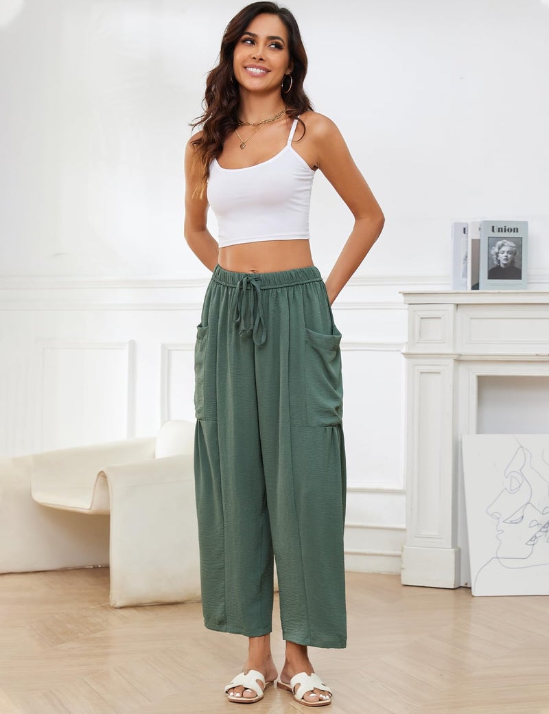 Flygo Womens Wide Leg Pants Summer Beach High Waisted Palazzo Trousers Flowy Casual Loose Drawstring Harem Pants with Pockets(Green M) - Image 5