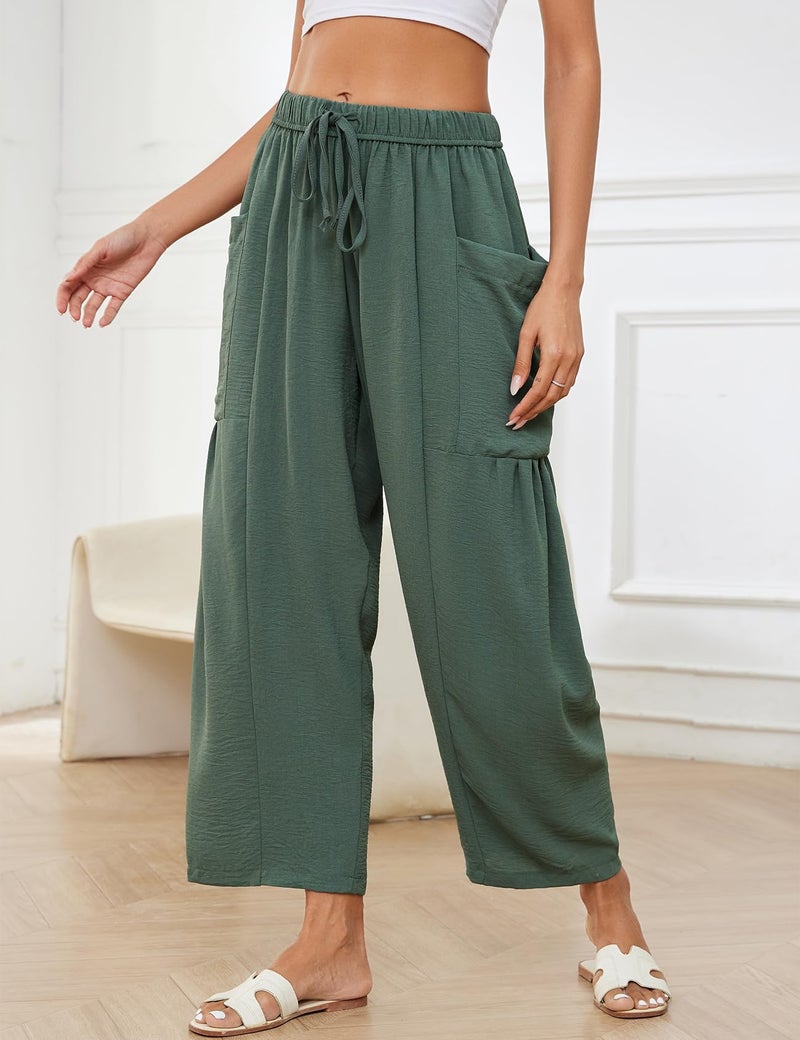 Flygo Womens Wide Leg Pants Summer Beach High Waisted Palazzo Trousers Flowy Casual Loose Drawstring Harem Pants with Pockets(Green M) - Image 3