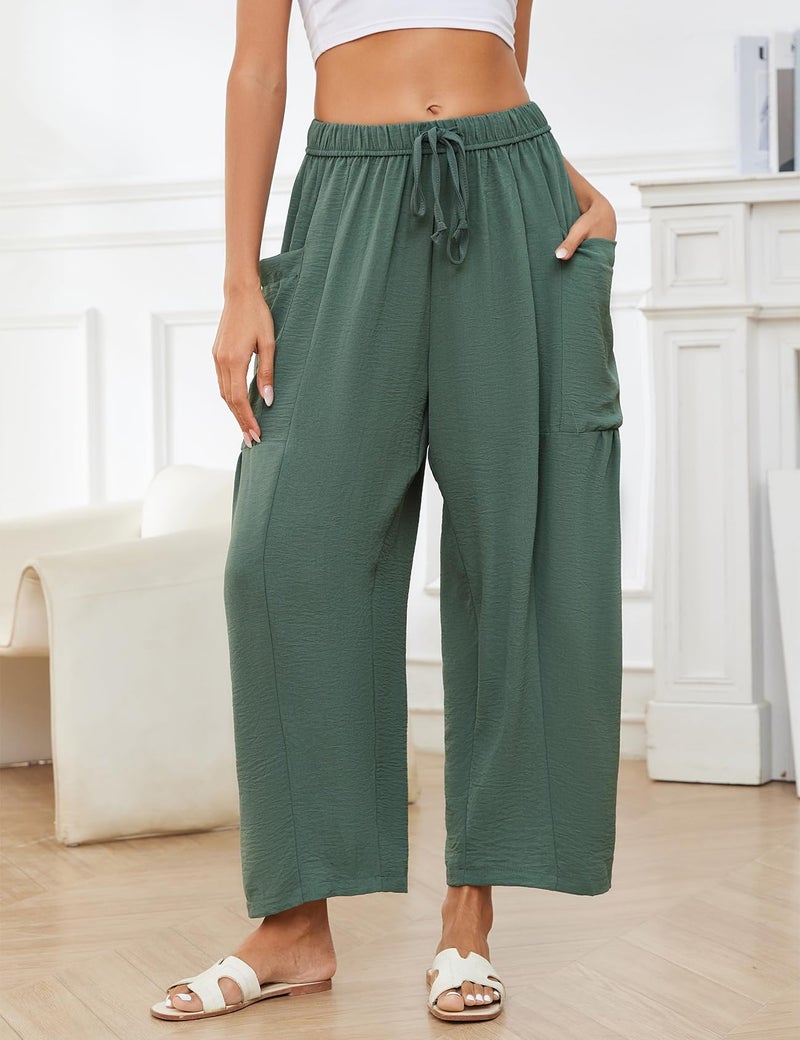 Flygo Womens Wide Leg Pants Summer Beach High Waisted Palazzo Trousers Flowy Casual Loose Drawstring Harem Pants with Pockets(Green M) - Image 2