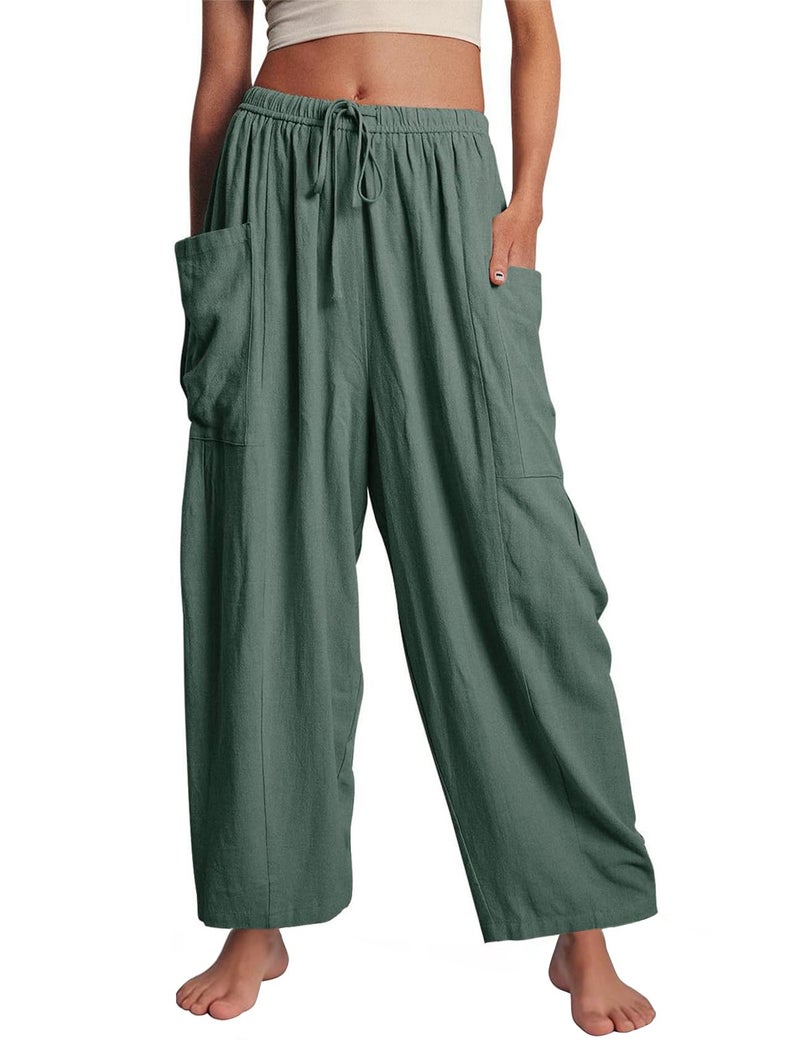 Flygo Womens Wide Leg Pants Summer Beach High Waisted Palazzo Trousers Flowy Casual Loose Drawstring Harem Pants with Pockets(Green M) - Image 1