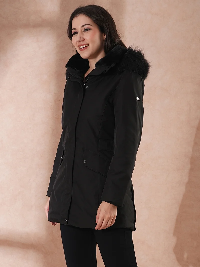 globus Women Hooded Solid Casual Tailored Jacket