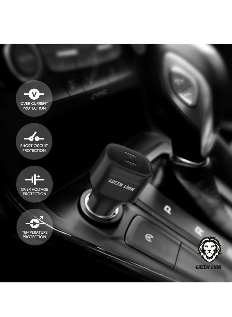 Green Car Charger Dual Port Car Charger 20W with Type-C to Lightning Cable - Image 2