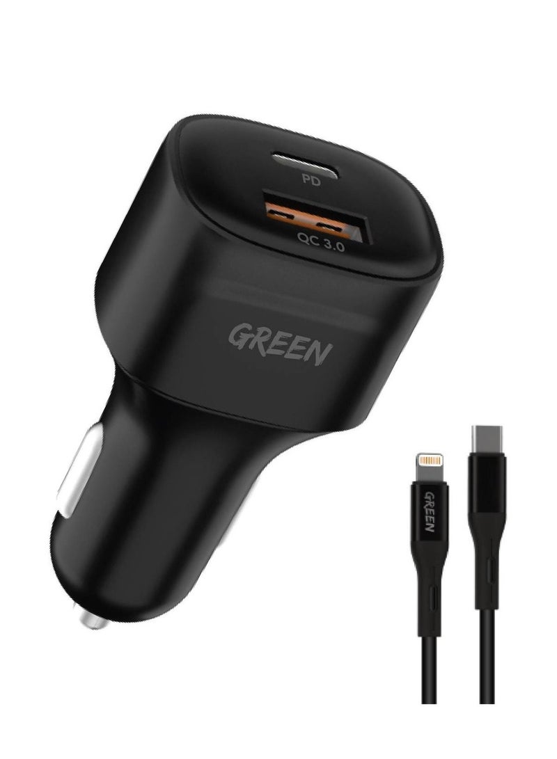 Green Car Charger Dual Port Car Charger 20W with Type-C to Lightning Cable - Image 1