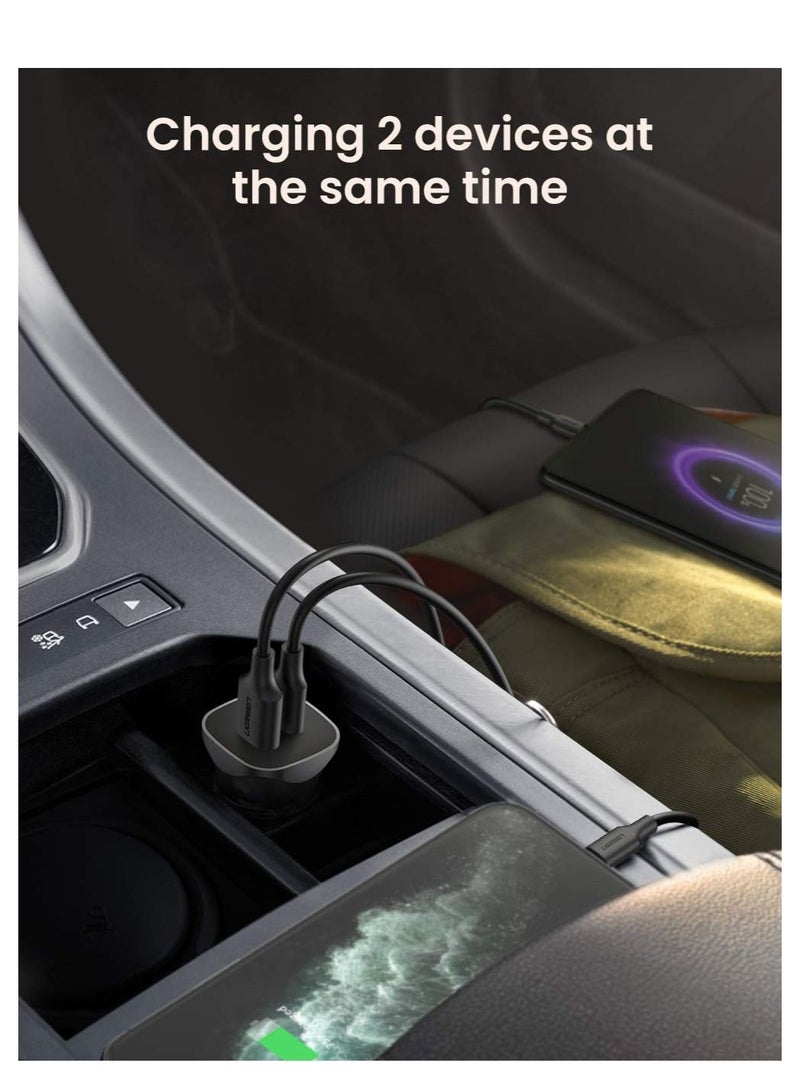 Green Car Charger Dual Port Car Charger 20W with Type-C to Lightning Cable - Image 3