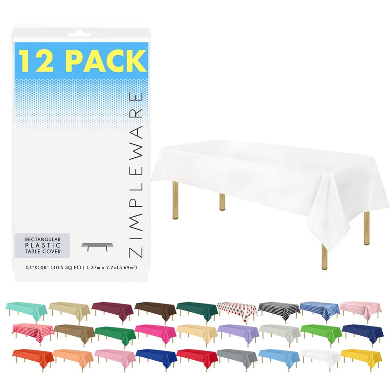 ZIMPLEWARE Premium White Plastic Table Cloth Disposable 12 Pk Plastic Tablecloths for Rectangle Tables 54in x 108in Party Table Cloths Disposable for 6ft to 8ft Rectangle Tables