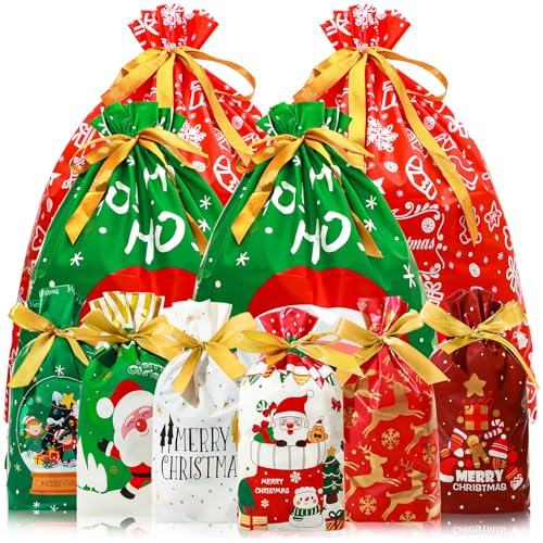 FloraSea 34pcs Christmas Gift Bags Assorted Sizes Christmas Drawstring Gift Bags Bulk for Holiday Gift Wrapping Xmas Party Favors 8 Patterns 3Sizes - Image 1