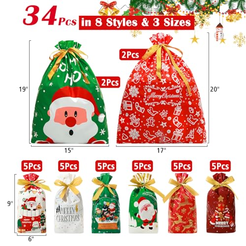 FloraSea 34pcs Christmas Gift Bags Assorted Sizes Christmas Drawstring Gift Bags Bulk for Holiday Gift Wrapping Xmas Party Favors 8 Patterns 3Sizes - Image 3