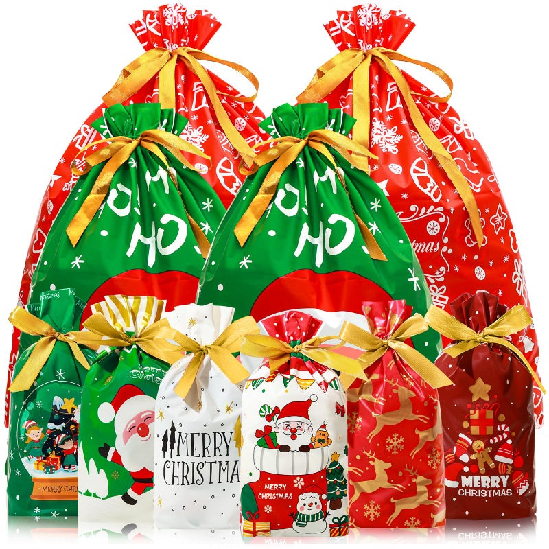 FloraSea 34pcs Christmas Gift Bags Assorted Sizes Christmas Drawstring Gift Bags Bulk for Holiday Gift Wrapping Xmas Party Favors 8 Patterns 3Sizes - Image 2